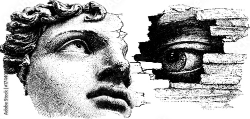 Artistic dotwork stippling of classic sculpture fragment with etched eye design