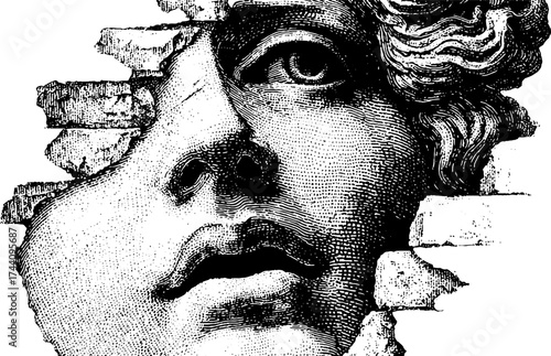 Intricate dotwork stipple illustration of classical sculpture fragment