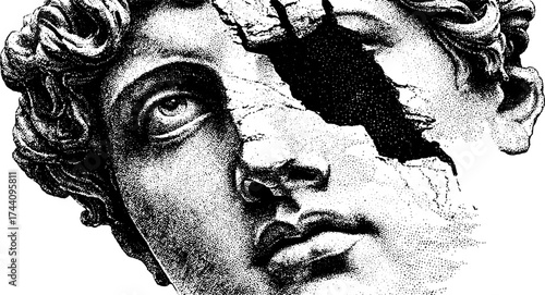 Fragmented ancient sculpture face in detailed dotwork stippling with textural effects