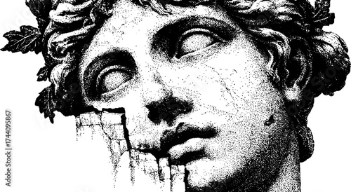 Fragmented ancient sculpture with detailed dotwork stippling effect for artistic design