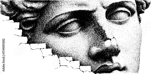 Vintage dotwork illustration of classical sculpture fusion with breaking wall concept