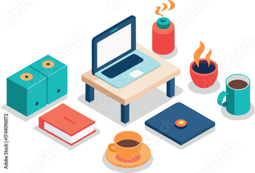 Isometric vector illustration of a modern organized home office setup with laptop and coffee