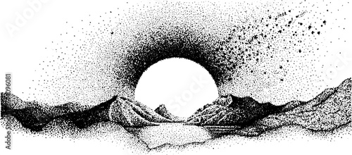 Gothic arch dotwork scene with solar eclipse and mountain landscape