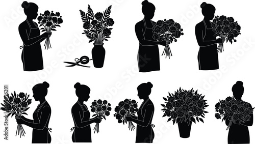 Florist silhouette illustration, flower bouquet arrangement, apron worker graphic, floral design concept, black vector art, scissors and vase elements