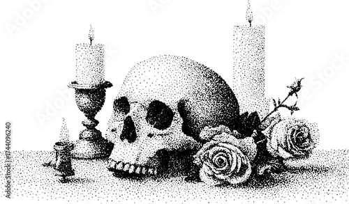 Intricate gothic skull with roses and candlelight dotwork art for tattoo and décor
