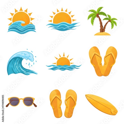Vibrant summer clipart set with sun, waves & tropical elements