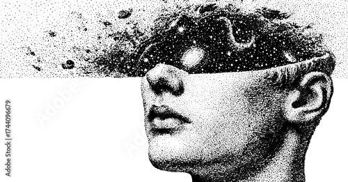 Surreal stipple art of a head with open mind concept