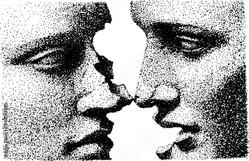 Detailed dotwork stippling illustration of human faces in profile with halftone texture