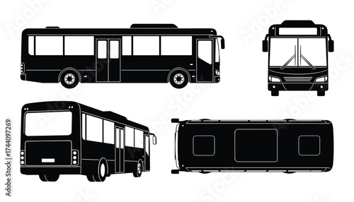 City bus blueprint design multiple views set