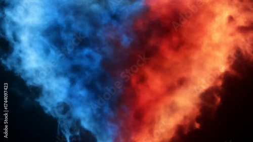 Dynamic abstract background of vibrant blue and red smoke plumes colliding, representing energy, contrast, and elemental forces.