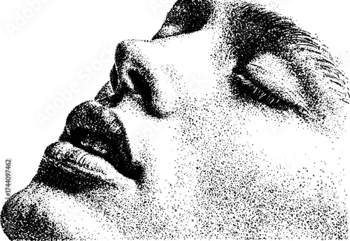Intricate stipple art of a human face in thoughtful gaze
