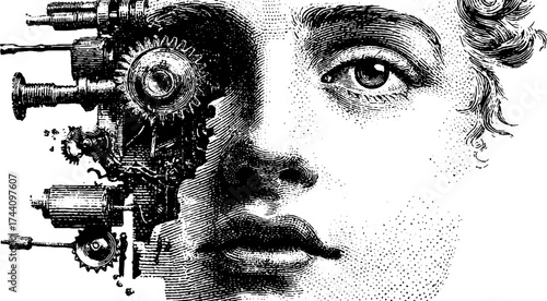 Intricate stipple portrait of human face with mechanical elements