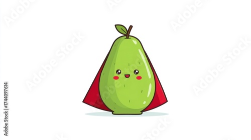 Cartoon pear superhero with red cape on white background illustration