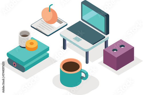 Isometric vector illustration of a cozy organized home office desk setup with laptop coffee and pumpkin