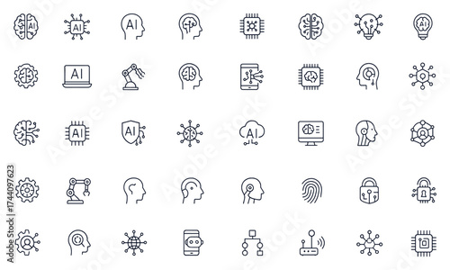 Artificial intelligence icons set featuring digital brain, AI technology, robotics, automation, data network, cloud computing, machine learning, innovation, circuit, human cognition, futuristic vector
