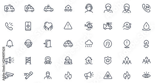 Emergency and disaster icon collection, featuring ambulance, firetruck, police car, hospital, rescue team, first aid, alert siren, water damage, accident, medical care, safety, alarm, response, crisis