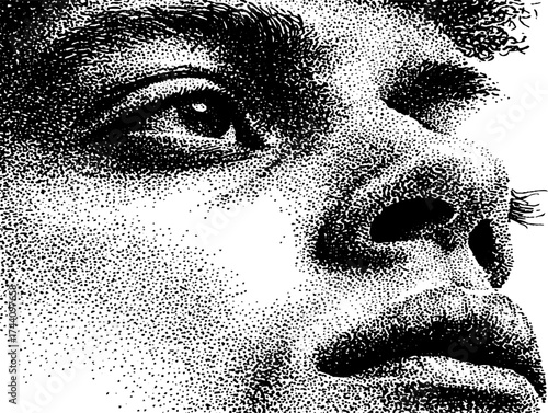 Intricate stipple art of a human face with dotwork detail