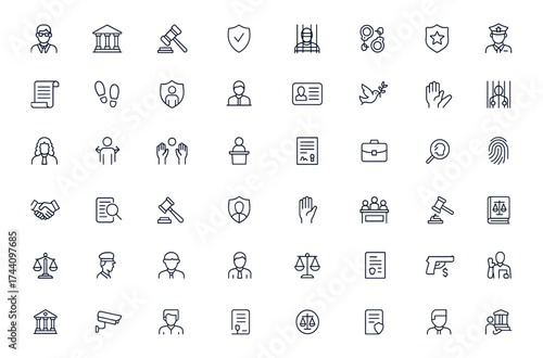 Justice and law icon collection with lawyer, judge, court, crime, defense, police, investigation, fingerprint, balance, legal aid, punishment, peace, contract, document, vector, illustration