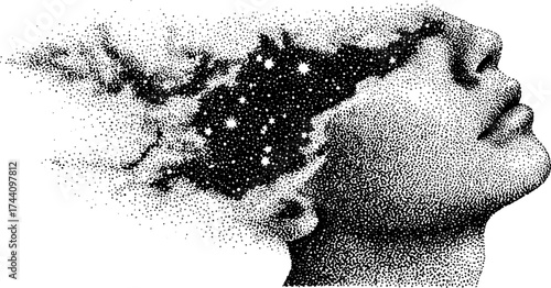 Cosmic dreaming: detailed stipple art of a human silhouette evoking imagination and wonder