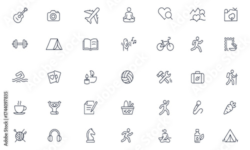 Hobby and lifestyle icon set featuring music, travel, sports, health, outdoor fitness, camping, photography, reading, dancing, yoga, aromatherapy, and DIY recreation activities, vector illustration