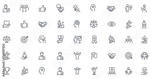 Core values line icon set featuring leadership, teamwork, innovation, integrity, communication, motivation, trust, and growth for business success, vector illustration, icon