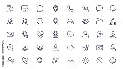 Customer support and service icon set, call center communication, online chat, operator assistance, FAQ, inquiry, client contact, reception, teamwork, vector illustration, helpdesk icons