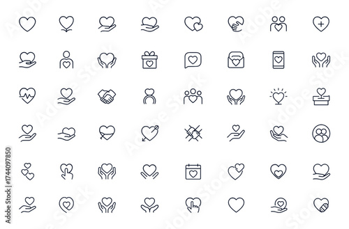 Heart icon set for love, care, charity, donation, support, kindness, volunteers, friendship, relationship, compassion, romance, wedding, empathy, affection, community, happiness, vector