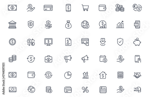 Money and finance icon set featuring mobile payments, credit cards, banking tools, investment, savings, ATM, shopping cart, cash, piggy bank, wallet, currency, trade, budget, vector, illustration