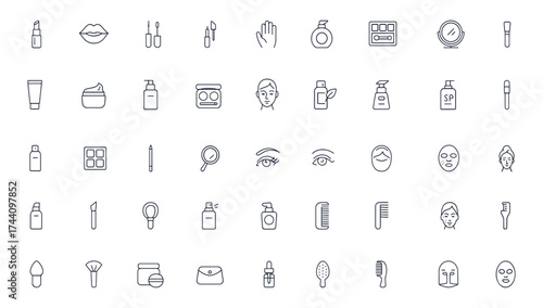 Makeup and cosmetics line icon set, editable stroke vector illustration of beauty tools, skincare products, brushes, lipstick, nail polish, perfume, fashion care, glamour, style, personal grooming