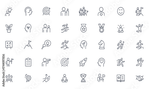 Motivation and success icons set, editable stroke vector symbols for positive mindset, teamwork, leadership, growth, ambition, goal setting, inspiration, action, creativity, performance