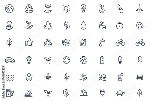 Ecology and sustainability icon set featuring environment, nature care, green energy, renewable power, climate solutions, pollution control, recycle symbol, vector, illustration, eco-friendly, earth