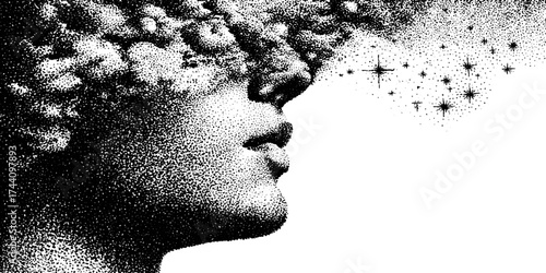 Imaginative dotwork stipple illustration of human silhouette with dreamy cosmos effect