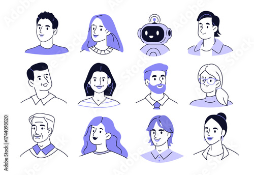 People portraits doodles. Business female, male, robot characters, faces, avatars for social media, user profile, account image. Outline design. 