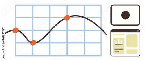 Trend line on a grid chart with data points, camera lens, and browser window with report sample. Ideal for analytics, business growth, research, reporting, planning, education simple flat metaphor