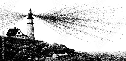 Detailed dotwork stipple illustration of a lighthouse on rocky coastline with ocean waves