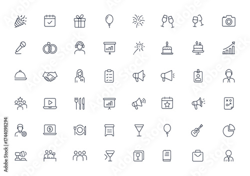 Event planning and management line icons, editable stroke symbols for wedding, birthday, anniversary, party, seminar, workshop, celebration, invitation, calendar, gift, balloon, ticket, volunteer,