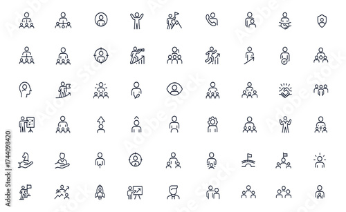 Leadership and teamwork vector icons for business success and management strategy, editable stroke illustration of motivation, goal achievement, corporate vision, collaboration, career growth