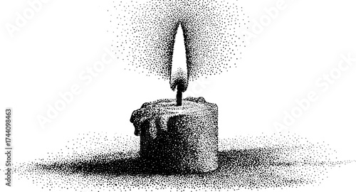 Vintage dotwork illustration of a melting candle with halftone stipple effect for relaxation and calm ambiance