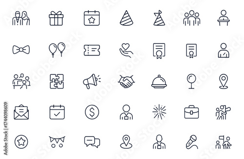 Event planning and celebration line icon set, editable thin outline symbols for wedding, party, seminar, marketing, catering, volunteer, entertainment, budgeting, coordination, festival, illustrations