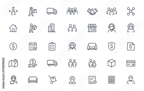 Moving and Transport Linear Icons, Editable Vector Illustration for Business, Traders, Customer Service, Networking, Corporation, Rental, Packaging, Property, Furniture, Payment, Checklist, and More