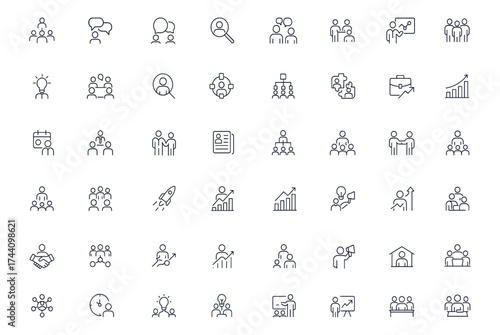 Business leadership and communication icon set for teamwork, meeting, and cooperation concepts, editable stroke vector illustration for corporate management, success, partnership, consultant,