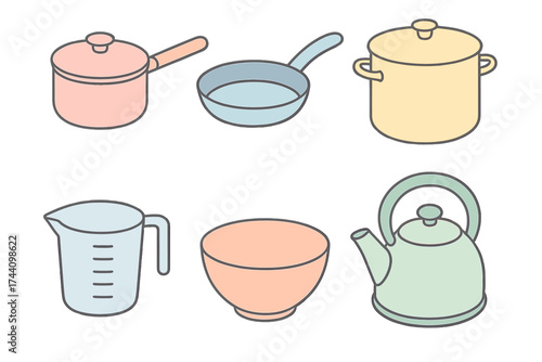 Isometric pastel kitchen cookware and utensil icons set