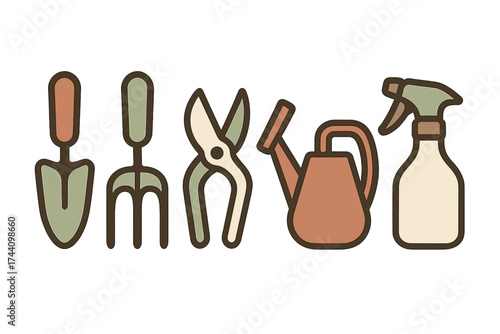 Set of essential gardening tools including trowel hand fork shears and watering can