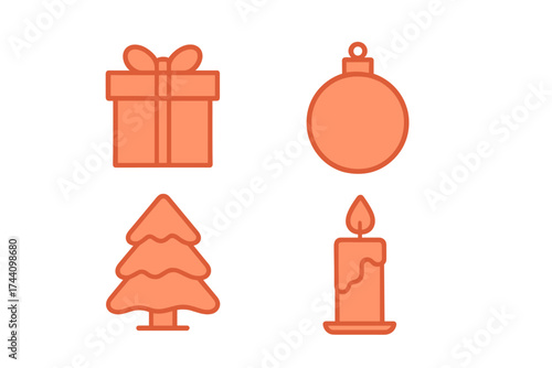 Minimalist festive holiday symbols set featuring gift box, ornament, tree, and candle