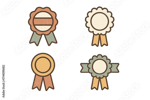 Four different vintage style award badges with ribbons in earthy colors
