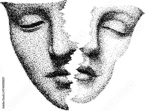 Surreal mask peel dotwork illustration featuring abstract human face