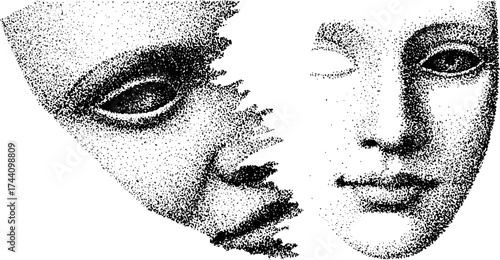 Mysterious mask reveal in detailed dotwork stippling art