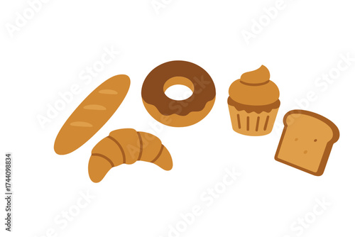 Group of popular baked goods including croissant, donut, and baguette