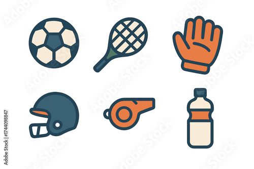 Set of outlined sports equipment icons including ball, racket, helmet, and whistle