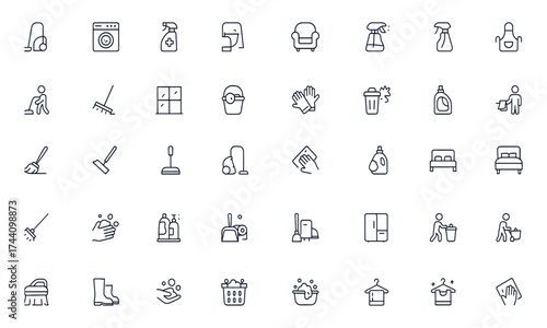 Housekeeping and housework icon set with vacuum cleaner, washing machine, cleaning spray, furniture, kitchen tools, bathroom equipment, window, apron, and more, editable vector illustration